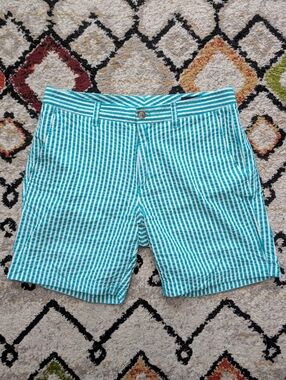 Bonobos Stretch Washed Chino Shorts, Blue/White Stripe Seersucker, 32, 7" inseam